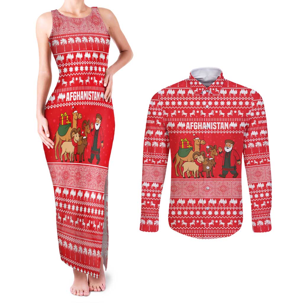 Afghanistan Christmas Couples Matching Tank Maxi Dress and Long Sleeve Button Shirt with Santa Camels Sheep Traditional Pattern and Festive Design - Wonder Print Shop