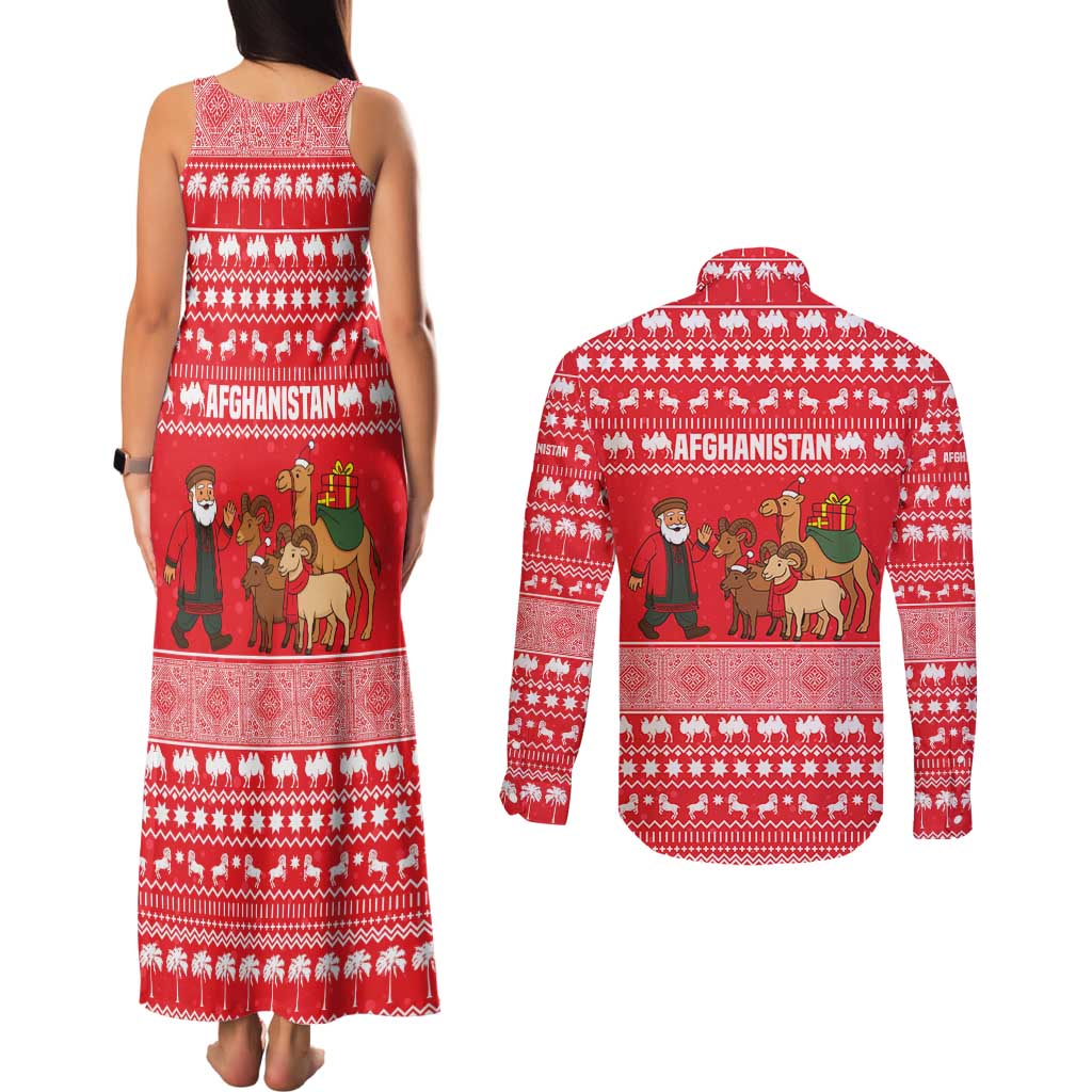 Afghanistan Christmas Couples Matching Tank Maxi Dress and Long Sleeve Button Shirt with Santa Camels Sheep Traditional Pattern and Festive Design - Wonder Print Shop
