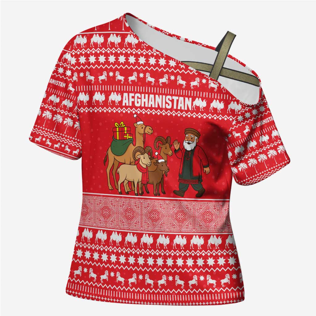 Afghanistan Christmas Cross Shoulder Shirt with Santa Camels Sheep Traditional Pattern and Festive Design - Wonder Print Shop