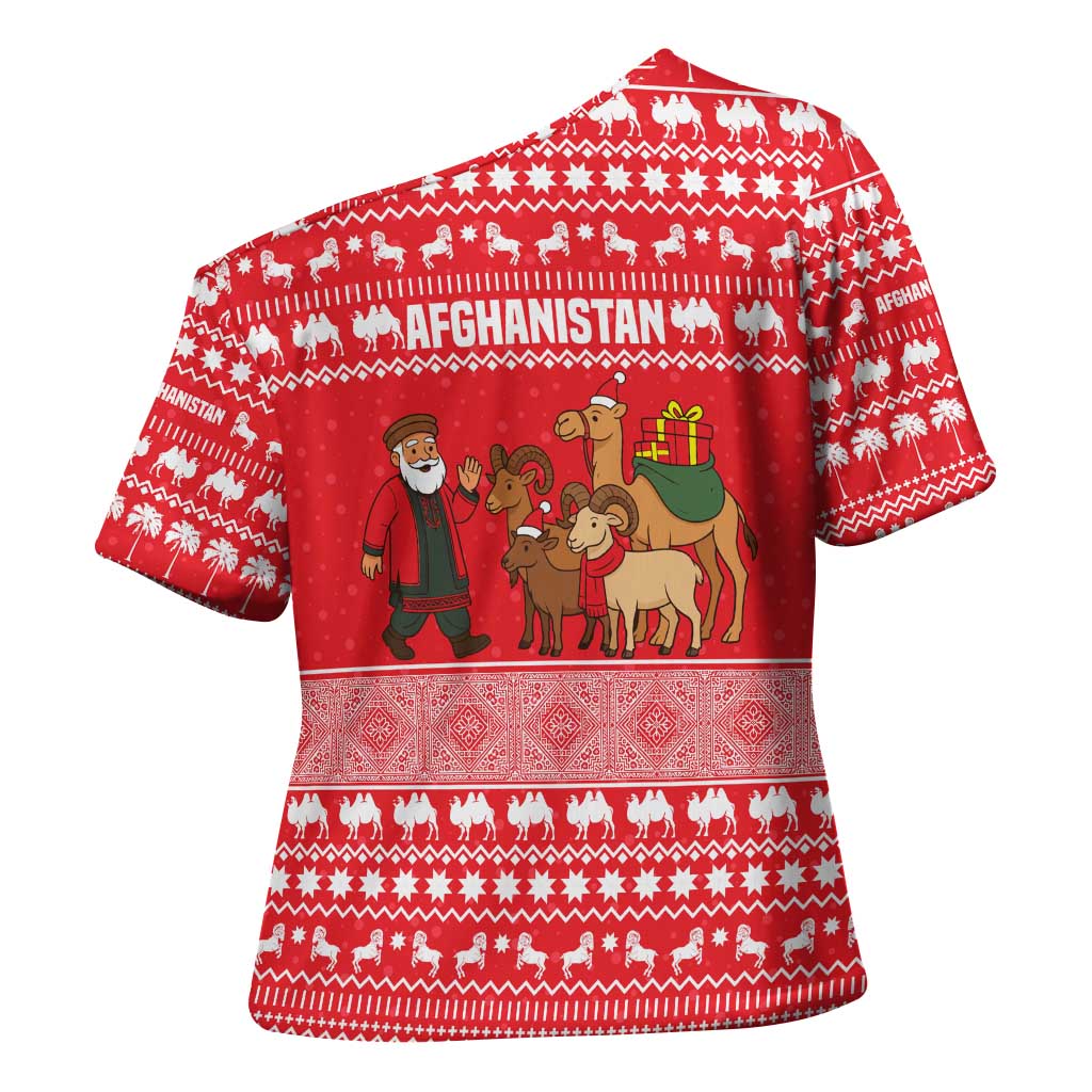 Afghanistan Christmas Cross Shoulder Shirt with Santa Camels Sheep Traditional Pattern and Festive Design - Wonder Print Shop