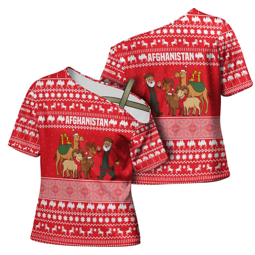 Afghanistan Christmas Cross Shoulder Shirt with Santa Camels Sheep Traditional Pattern and Festive Design - Wonder Print Shop