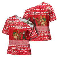 Afghanistan Christmas Cross Shoulder Shirt with Santa Camels Sheep Traditional Pattern and Festive Design - Wonder Print Shop
