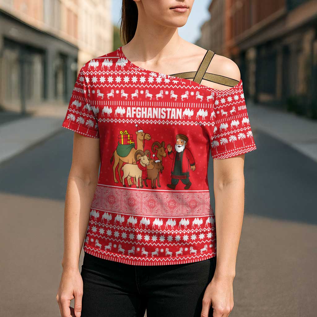Afghanistan Christmas Cross Shoulder Shirt with Santa Camels Sheep Traditional Pattern and Festive Design - Wonder Print Shop