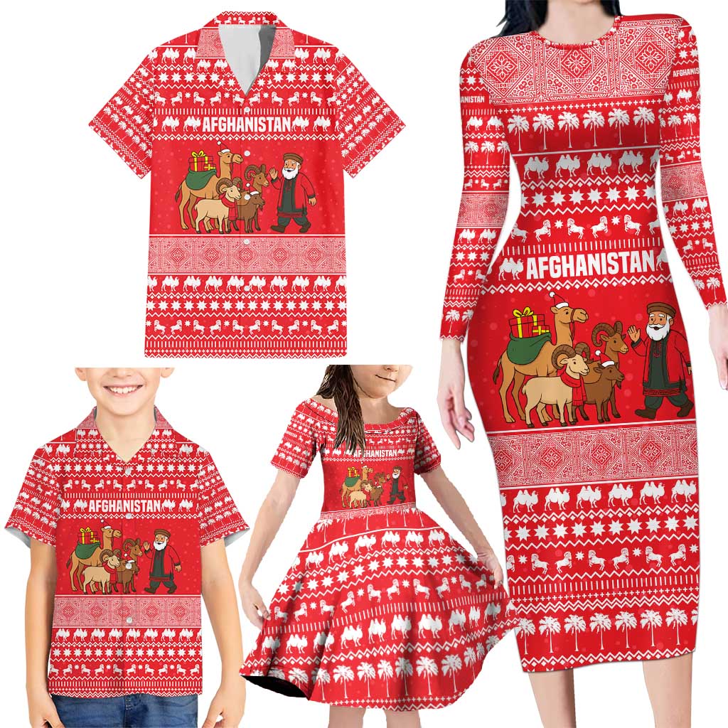 Afghanistan Christmas Family Matching Long Sleeve Bodycon Dress and Hawaiian Shirt with Santa Camels Sheep Traditional Pattern and Festive Design - Wonder Print Shop
