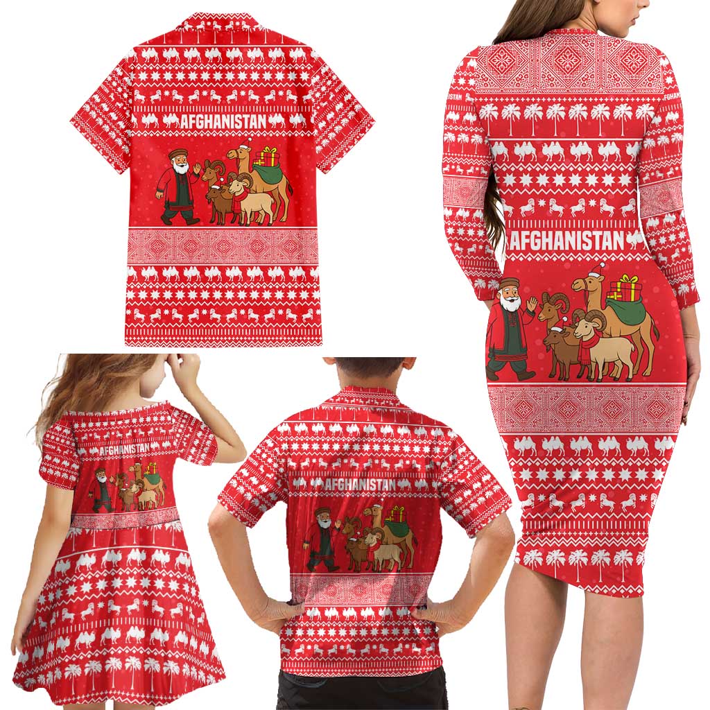 Afghanistan Christmas Family Matching Long Sleeve Bodycon Dress and Hawaiian Shirt with Santa Camels Sheep Traditional Pattern and Festive Design - Wonder Print Shop
