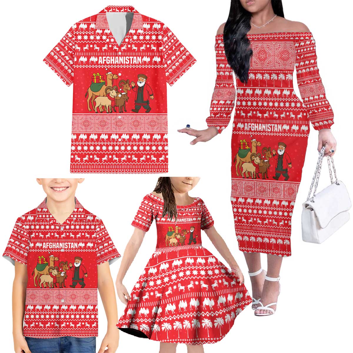 Afghanistan Christmas Family Matching Off The Shoulder Long Sleeve Dress and Hawaiian Shirt with Santa Camels Sheep Traditional Pattern and Festive Design - Wonder Print Shop
