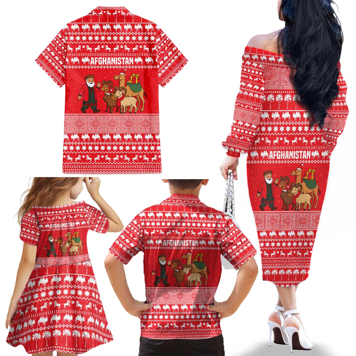 Afghanistan Christmas Family Matching Off The Shoulder Long Sleeve Dress and Hawaiian Shirt with Santa Camels Sheep Traditional Pattern and Festive Design - Wonder Print Shop