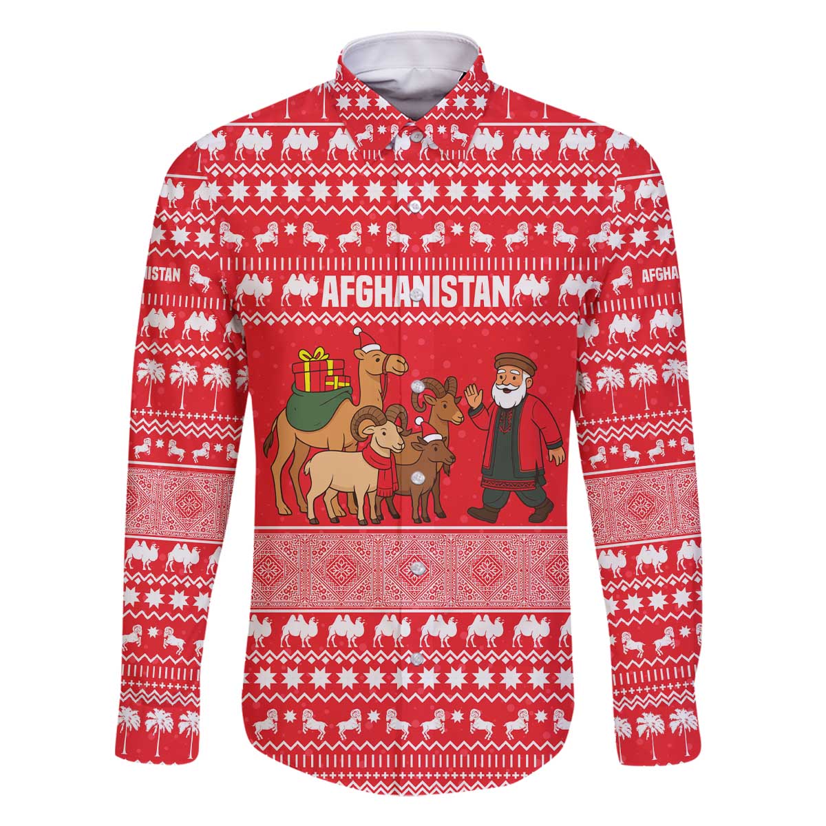 Afghanistan Christmas Family Matching Off The Shoulder Long Sleeve Dress and Hawaiian Shirt with Santa Camels Sheep Traditional Pattern and Festive Design - Wonder Print Shop
