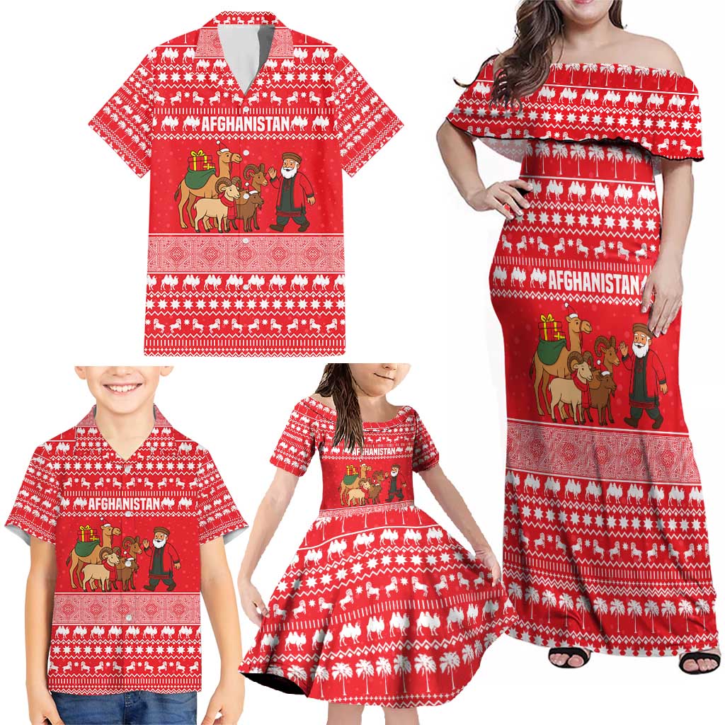 Afghanistan Christmas Family Matching Off Shoulder Maxi Dress and Hawaiian Shirt with Santa Camels Sheep Traditional Pattern and Festive Design - Wonder Print Shop