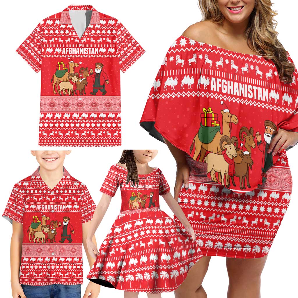 Afghanistan Christmas Family Matching Off Shoulder Short Dress and Hawaiian Shirt with Santa Camels Sheep Traditional Pattern and Festive Design - Wonder Print Shop