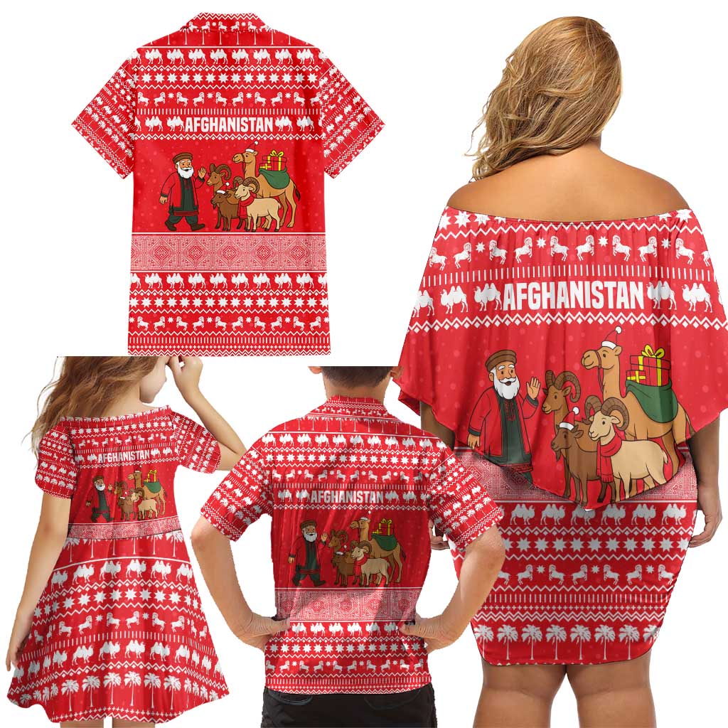 Afghanistan Christmas Family Matching Off Shoulder Short Dress and Hawaiian Shirt with Santa Camels Sheep Traditional Pattern and Festive Design - Wonder Print Shop