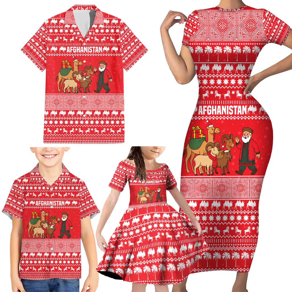 Afghanistan Christmas Family Matching Short Sleeve Bodycon Dress and Hawaiian Shirt with Santa Camels Sheep Traditional Pattern and Festive Design - Wonder Print Shop