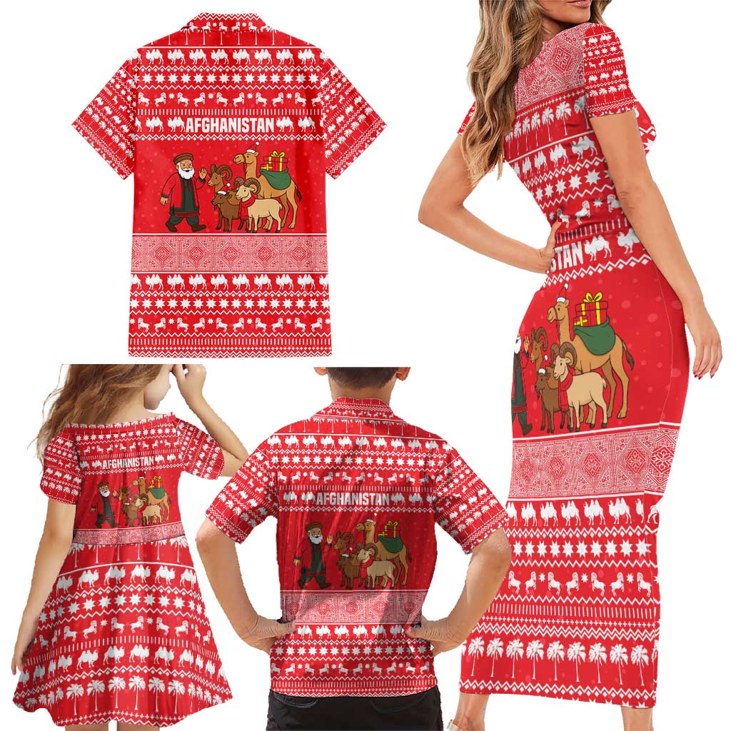Afghanistan Christmas Family Matching Short Sleeve Bodycon Dress and Hawaiian Shirt with Santa Camels Sheep Traditional Pattern and Festive Design - Wonder Print Shop