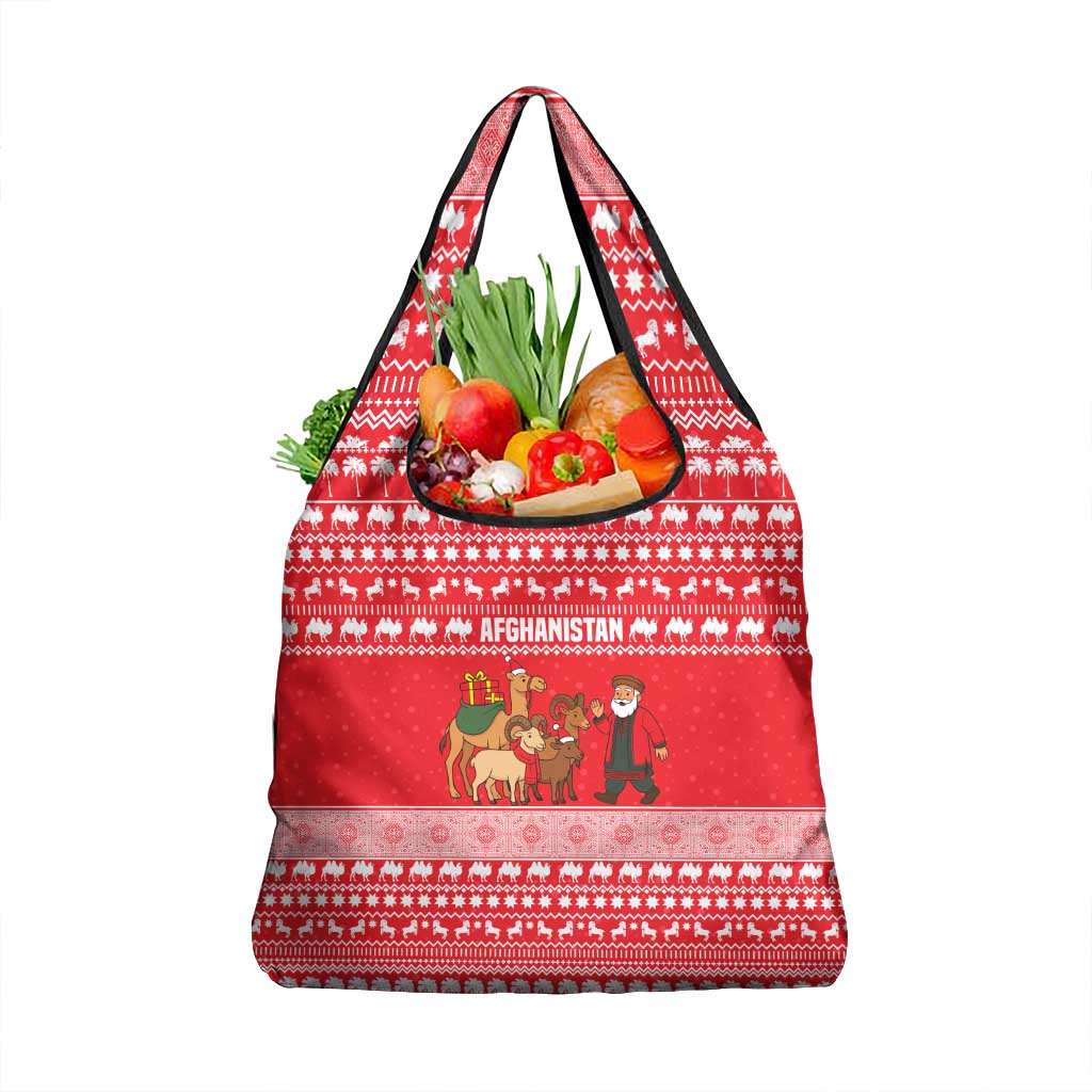 Afghanistan Christmas Grocery Bag with Santa Camels Sheep Traditional Pattern and Festive Design - Wonder Print Shop