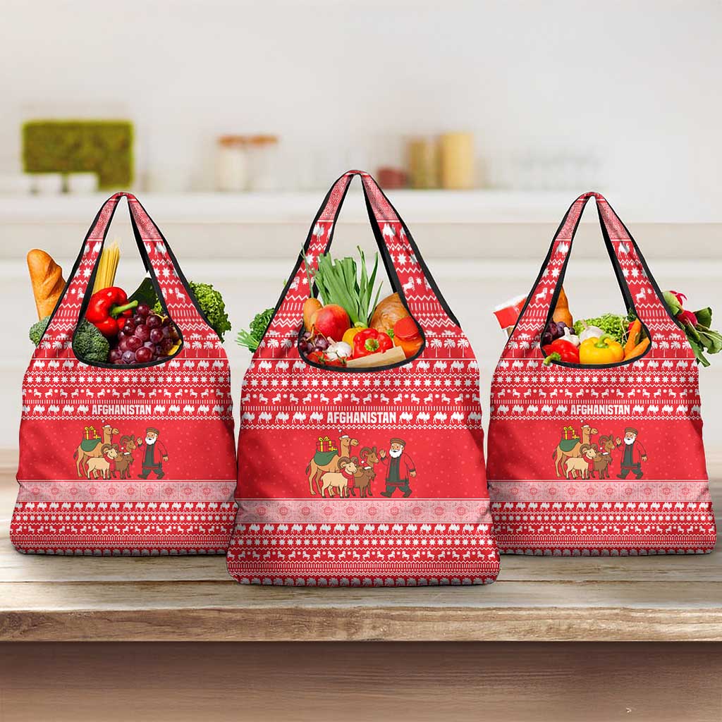 Afghanistan Christmas Grocery Bag with Santa Camels Sheep Traditional Pattern and Festive Design - Wonder Print Shop