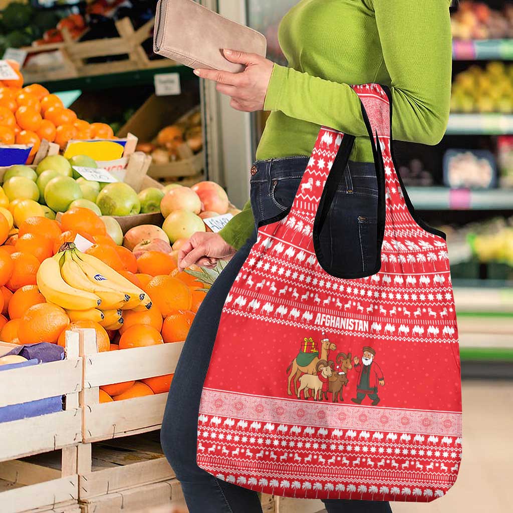Afghanistan Christmas Grocery Bag with Santa Camels Sheep Traditional Pattern and Festive Design - Wonder Print Shop