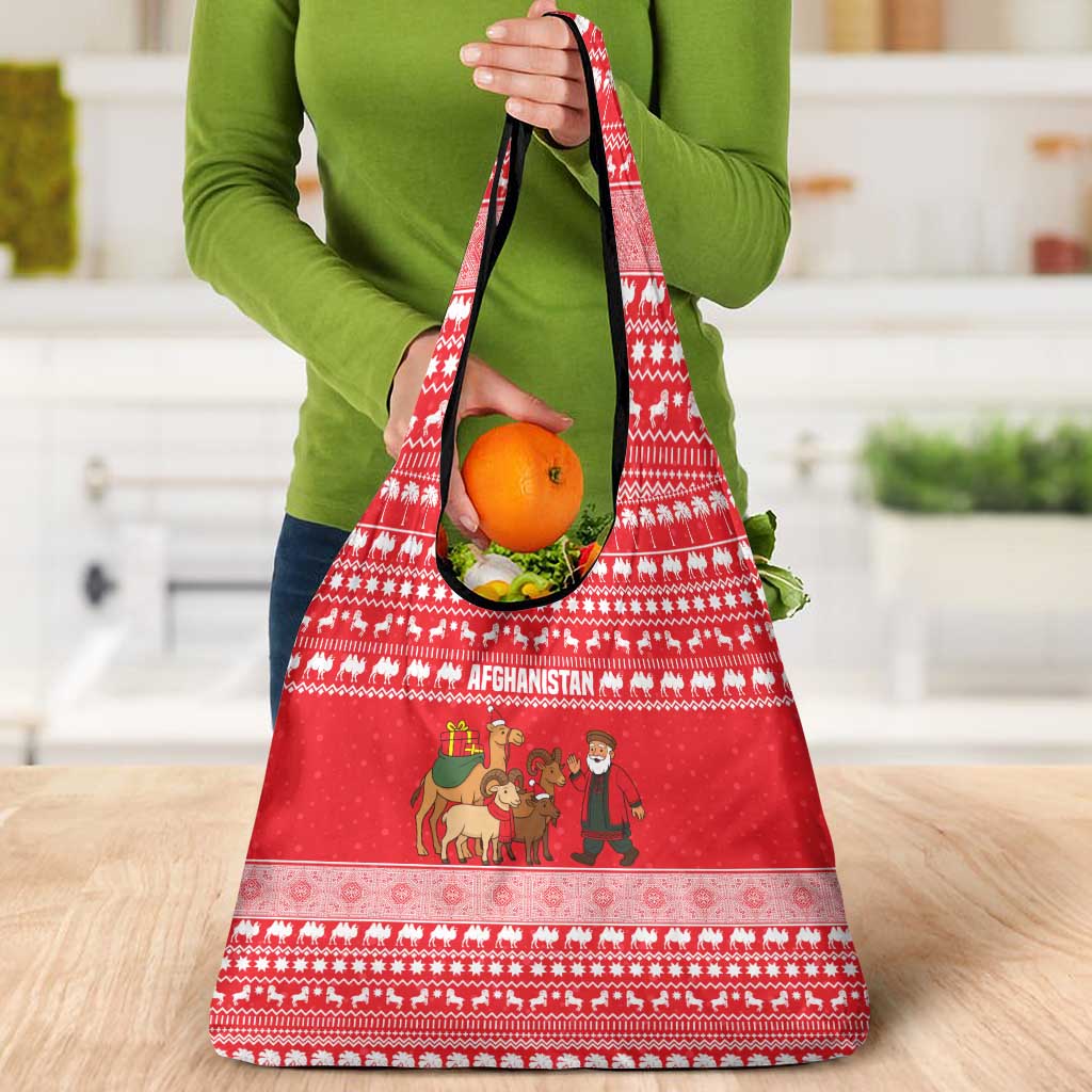 Afghanistan Christmas Grocery Bag with Santa Camels Sheep Traditional Pattern and Festive Design - Wonder Print Shop