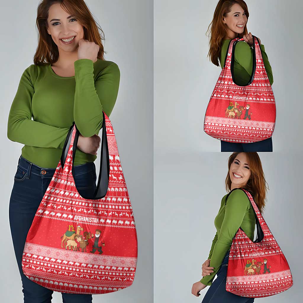 Afghanistan Christmas Grocery Bag with Santa Camels Sheep Traditional Pattern and Festive Design - Wonder Print Shop