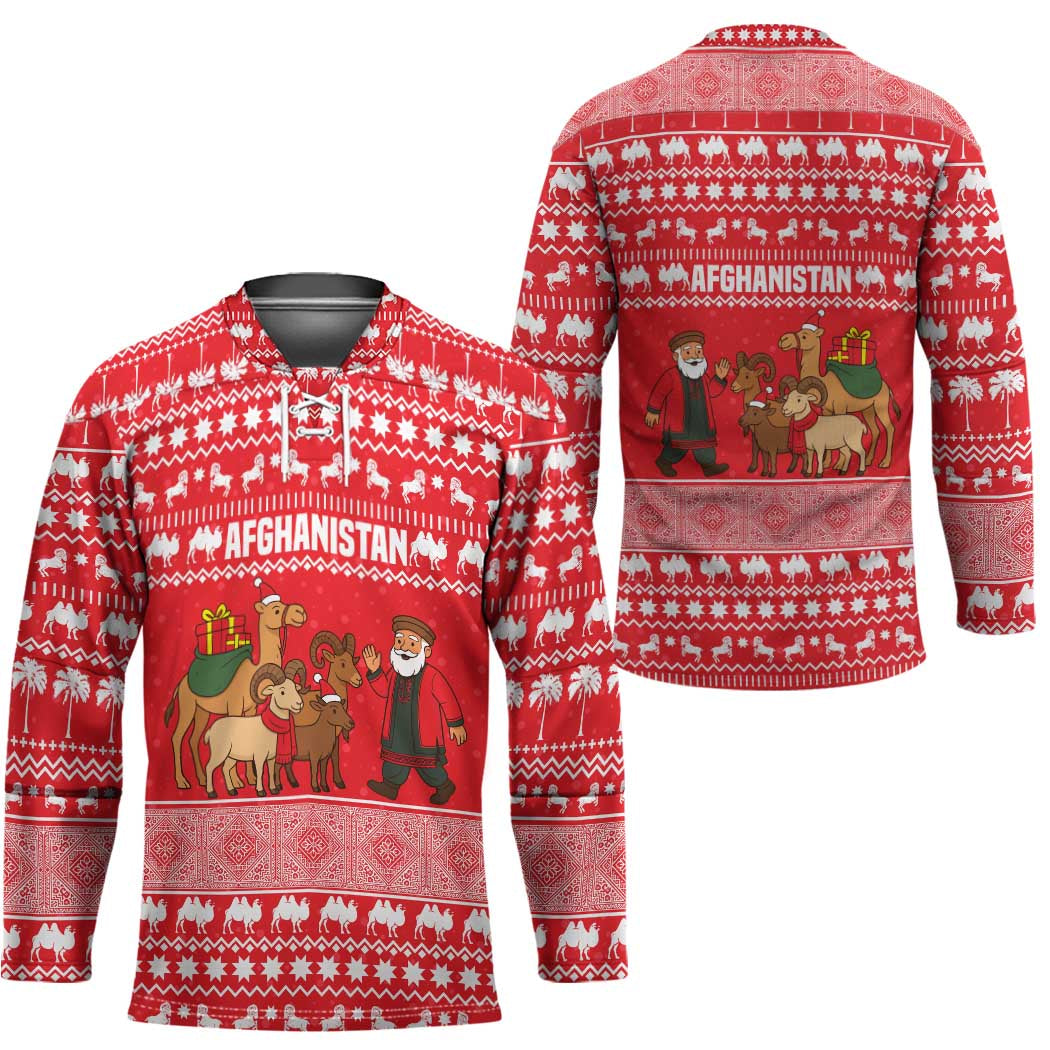 Afghanistan Christmas Hockey Jersey with Santa Camels Sheep Traditional Pattern and Festive Design - Wonder Print Shop