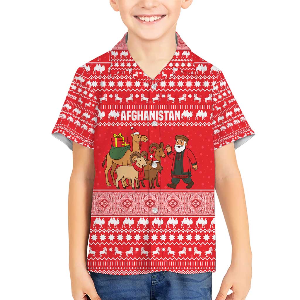 Afghanistan Christmas Kid Hawaiian Shirt with Santa Camels Sheep Traditional Pattern and Festive Design - Wonder Print Shop