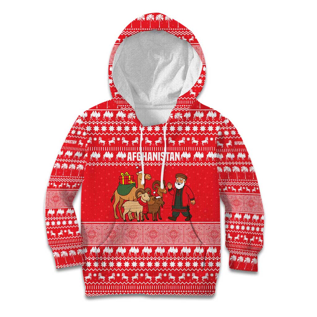 Afghanistan Christmas Kid Hoodie with Santa Camels Sheep Traditional Pattern and Festive Design - Wonder Print Shop