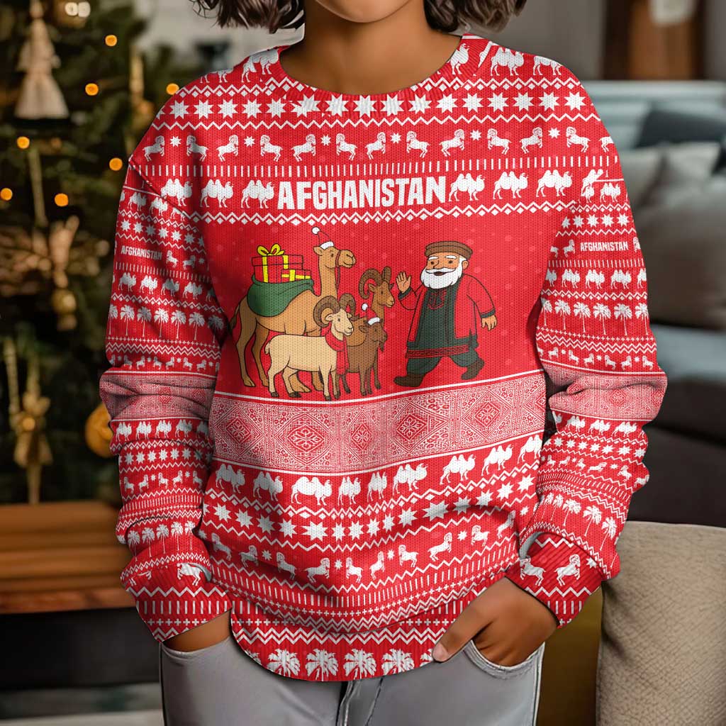 Afghanistan Christmas Kid Ugly Christmas Sweater with Santa Camels Sheep Traditional Pattern and Festive Design - Wonder Print Shop