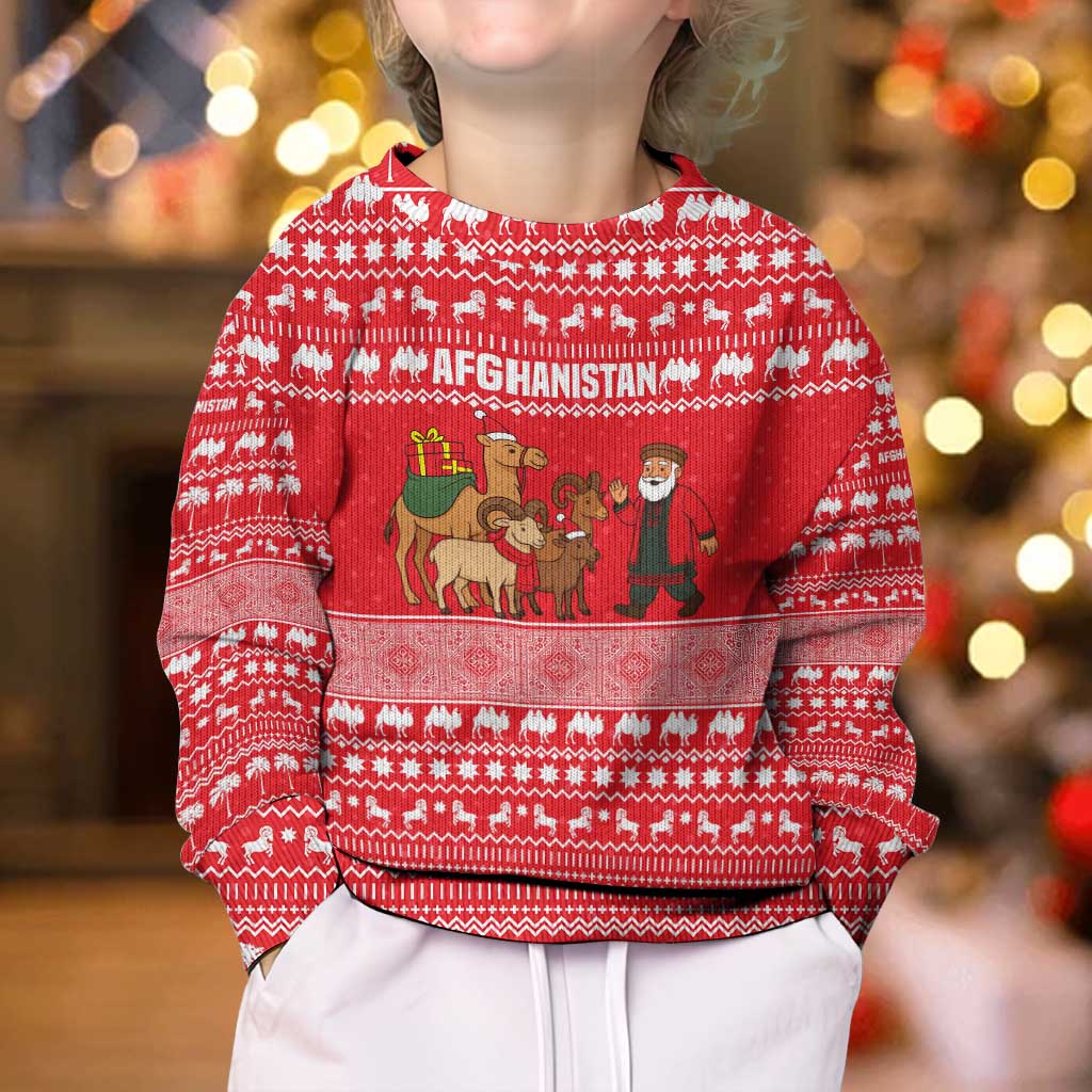 Afghanistan Christmas Kid Ugly Christmas Sweater with Santa Camels Sheep Traditional Pattern and Festive Design - Wonder Print Shop