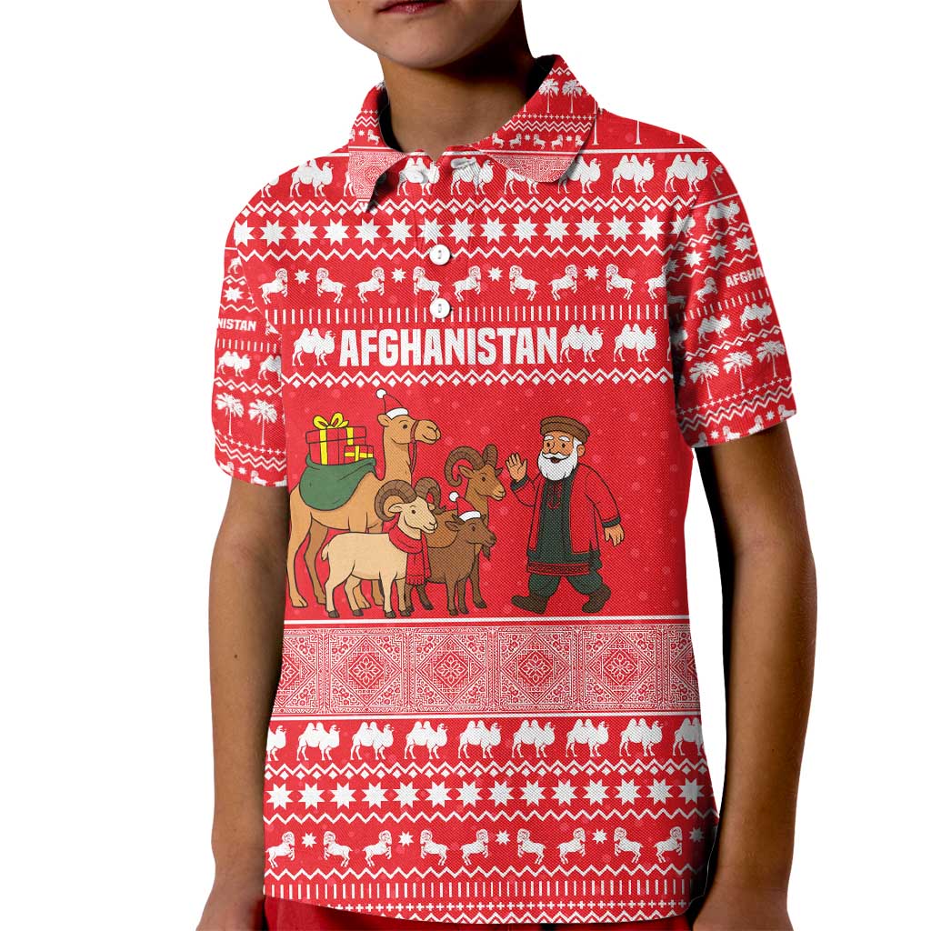 Afghanistan Christmas Kid Polo Shirt with Santa Camels Sheep Traditional Pattern and Festive Design - Wonder Print Shop
