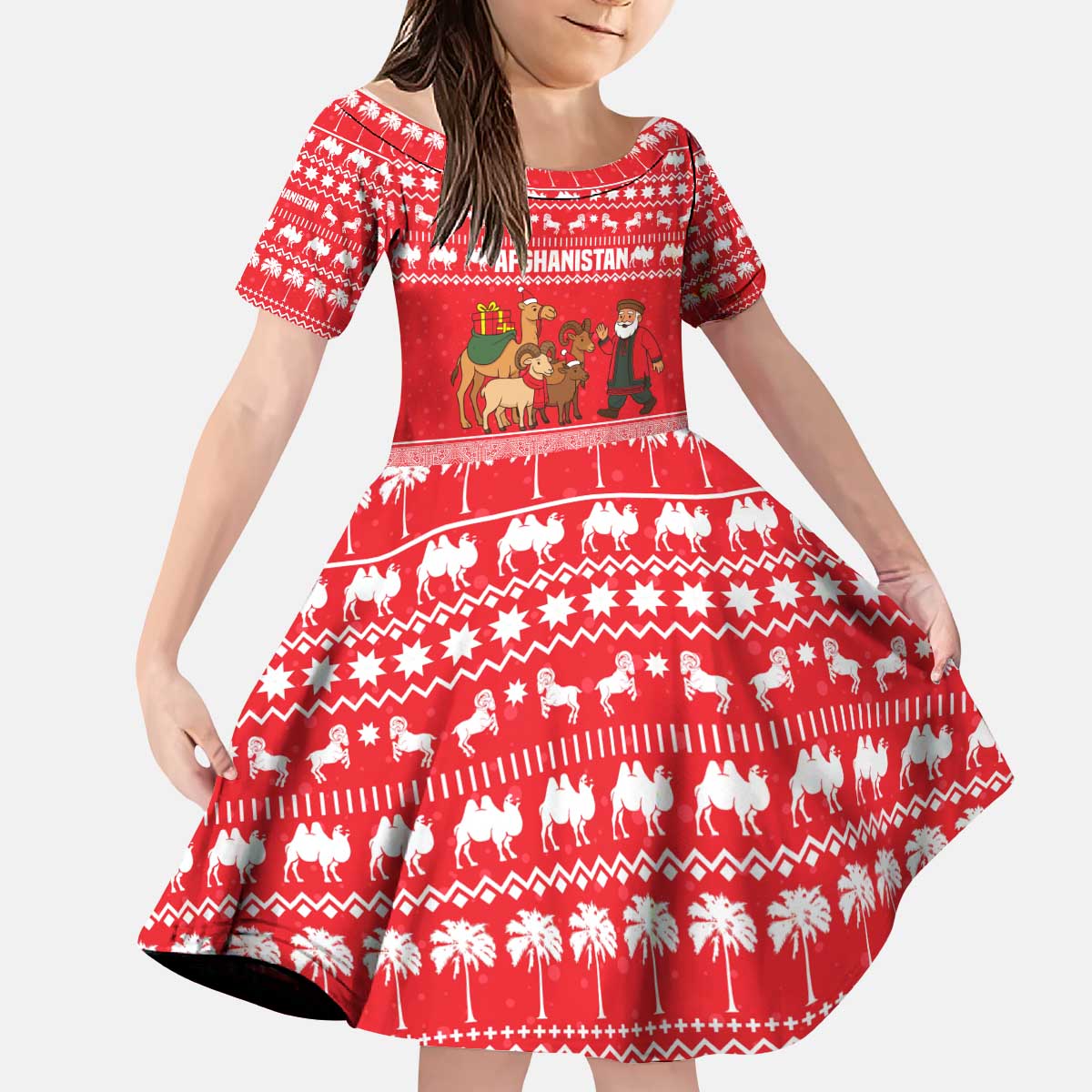 Afghanistan Christmas Kid Short Sleeve Dress with Santa Camels Sheep Traditional Pattern and Festive Design - Wonder Print Shop