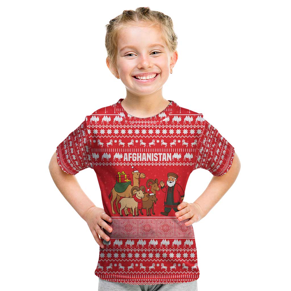 Afghanistan Christmas Kid T Shirt with Santa Camels Sheep Traditional Pattern and Festive Design - Wonder Print Shop