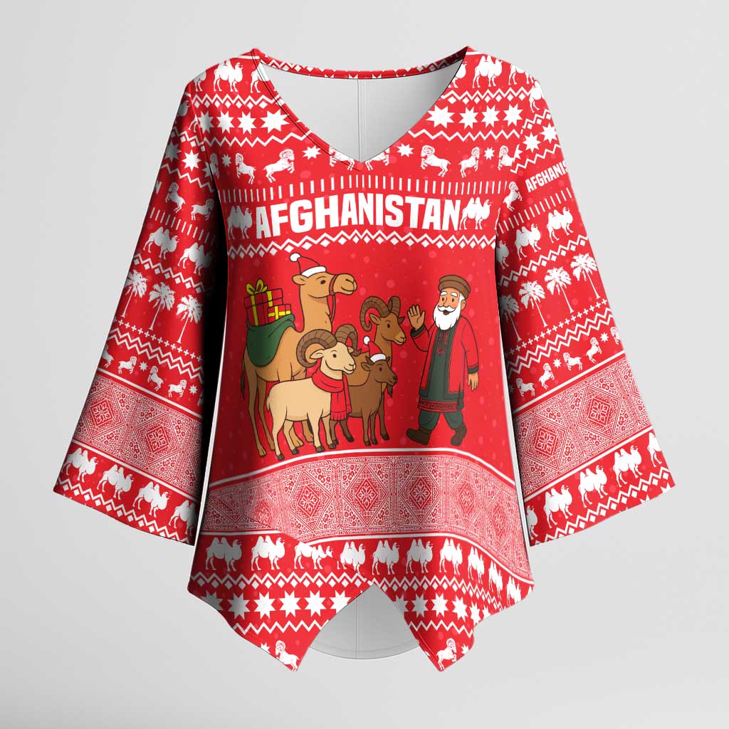 Afghanistan Christmas Kimono Sleeve Blouse with Santa Camels Sheep Traditional Pattern and Festive Design - Wonder Print Shop