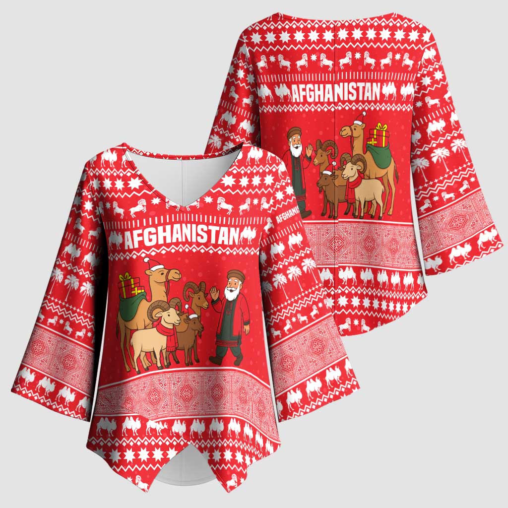 Afghanistan Christmas Kimono Sleeve Blouse with Santa Camels Sheep Traditional Pattern and Festive Design - Wonder Print Shop