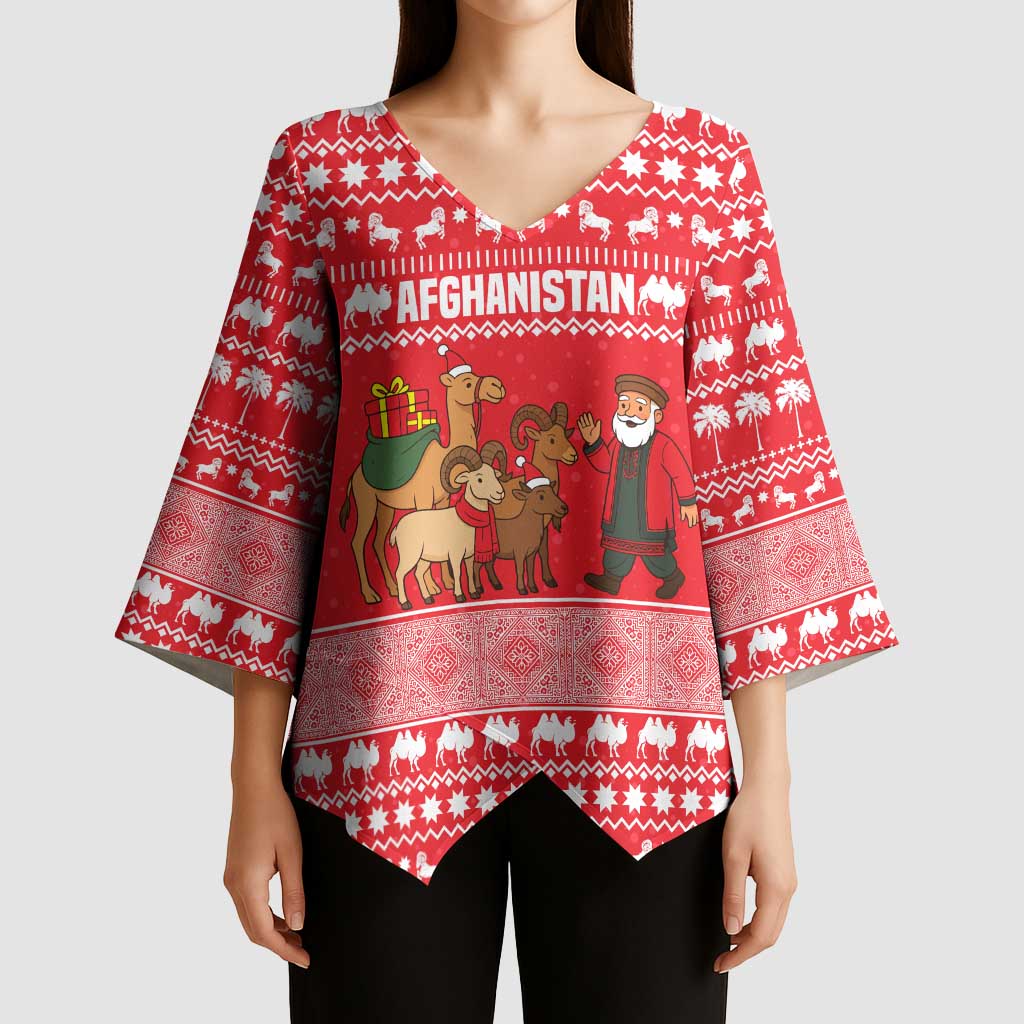 Afghanistan Christmas Kimono Sleeve Blouse with Santa Camels Sheep Traditional Pattern and Festive Design - Wonder Print Shop