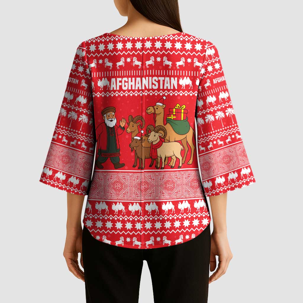 Afghanistan Christmas Kimono Sleeve Blouse with Santa Camels Sheep Traditional Pattern and Festive Design - Wonder Print Shop