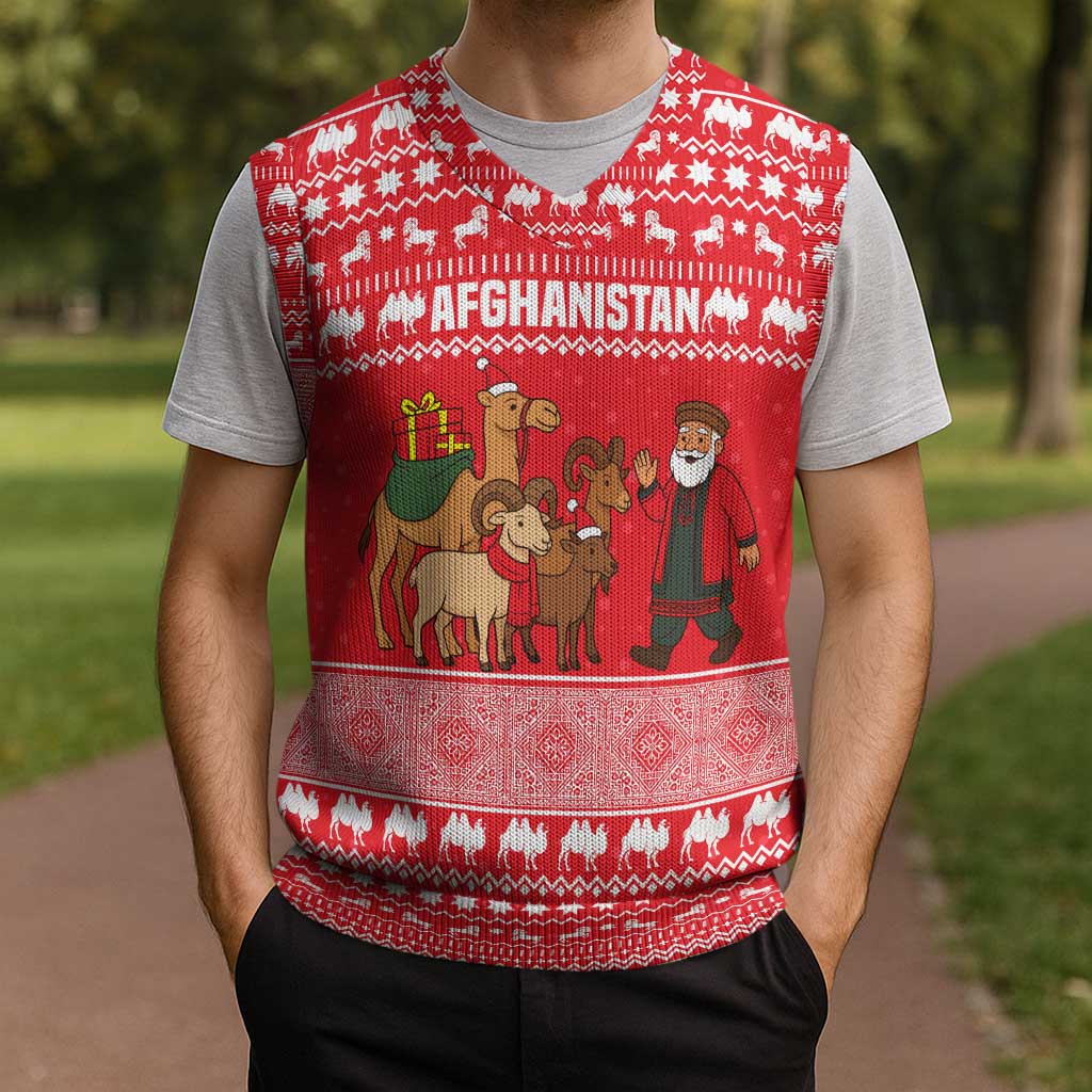 Afghanistan Christmas Knitted V-Neck Vest with Santa Camels Sheep Traditional Pattern and Festive Design - Wonder Print Shop