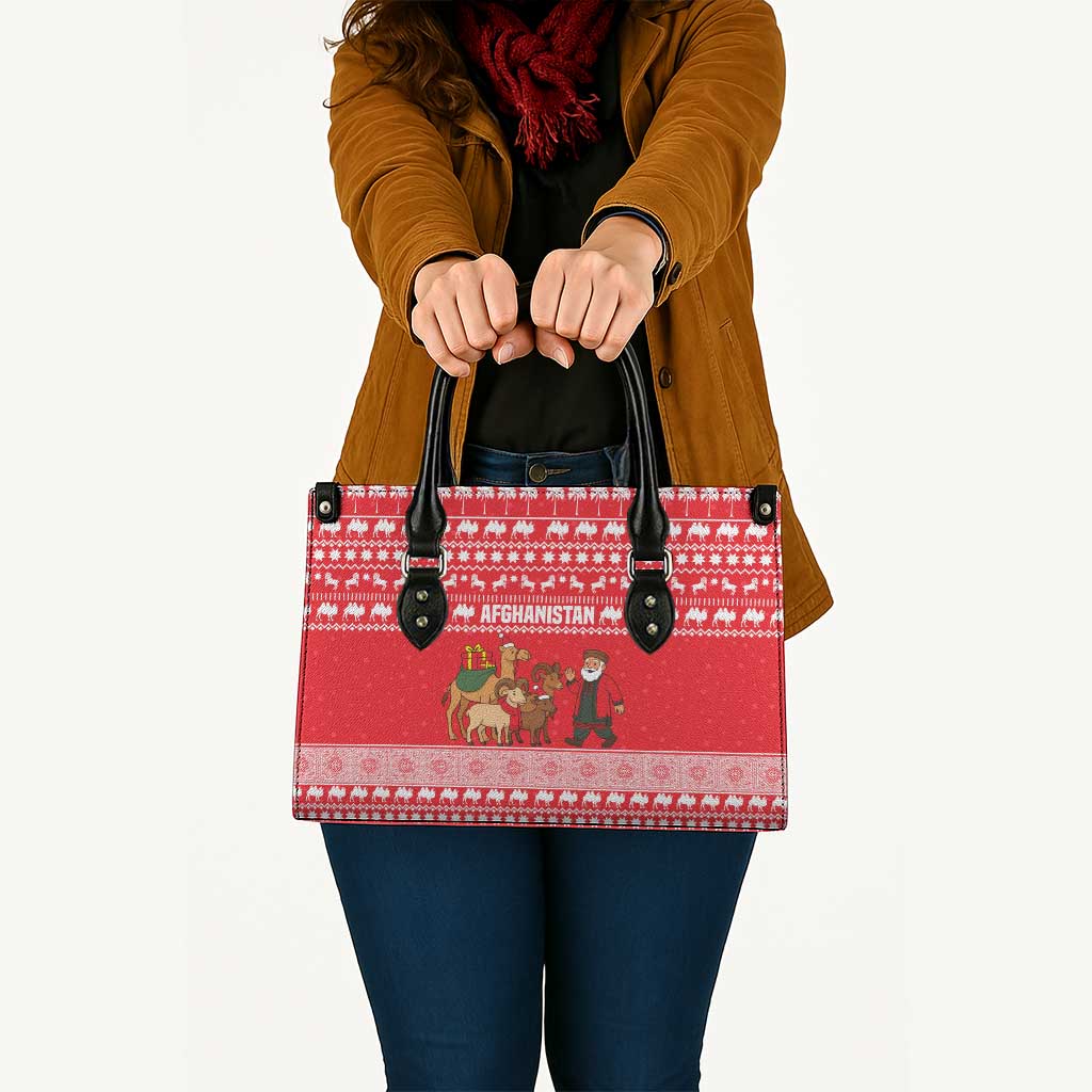 Afghanistan Christmas Leather Bag with Santa Camels Sheep Traditional Pattern and Festive Design - Wonder Print Shop