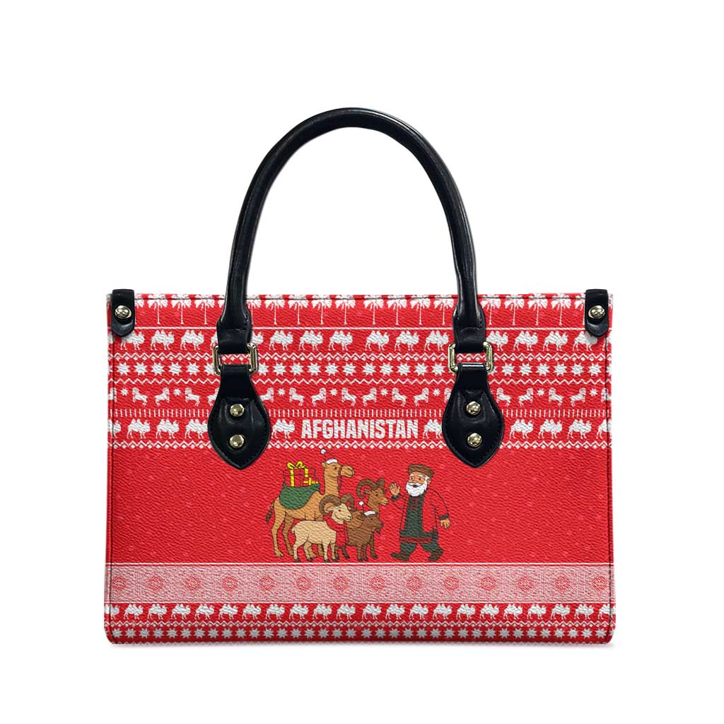 Afghanistan Christmas Leather Bag with Santa Camels Sheep Traditional Pattern and Festive Design - Wonder Print Shop