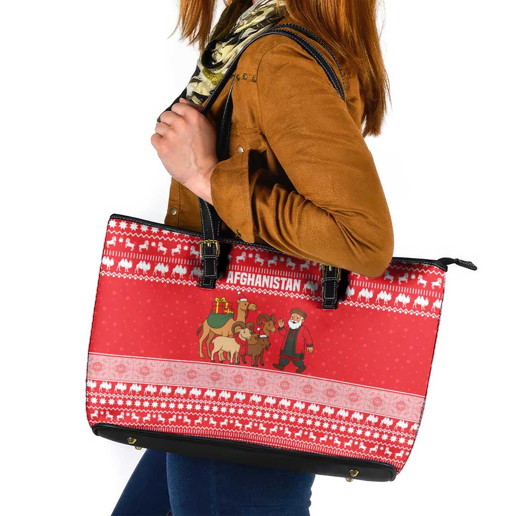 Afghanistan Christmas Leather Tote Bag with Santa Camels Sheep Traditional Pattern and Festive Design - Wonder Print Shop