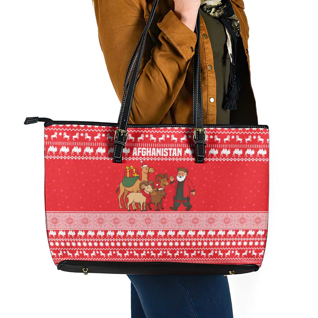 Afghanistan Christmas Leather Tote Bag with Santa Camels Sheep Traditional Pattern and Festive Design - Wonder Print Shop