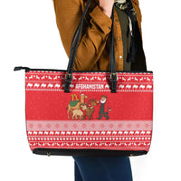 Afghanistan Christmas Leather Tote Bag with Santa Camels Sheep Traditional Pattern and Festive Design - Wonder Print Shop
