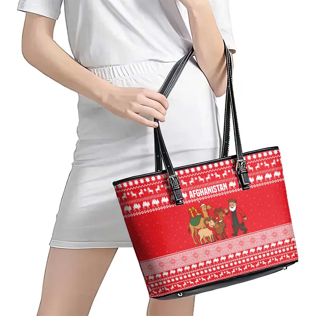 Afghanistan Christmas Leather Tote Bag with Santa Camels Sheep Traditional Pattern and Festive Design - Wonder Print Shop