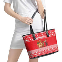 Afghanistan Christmas Leather Tote Bag with Santa Camels Sheep Traditional Pattern and Festive Design - Wonder Print Shop