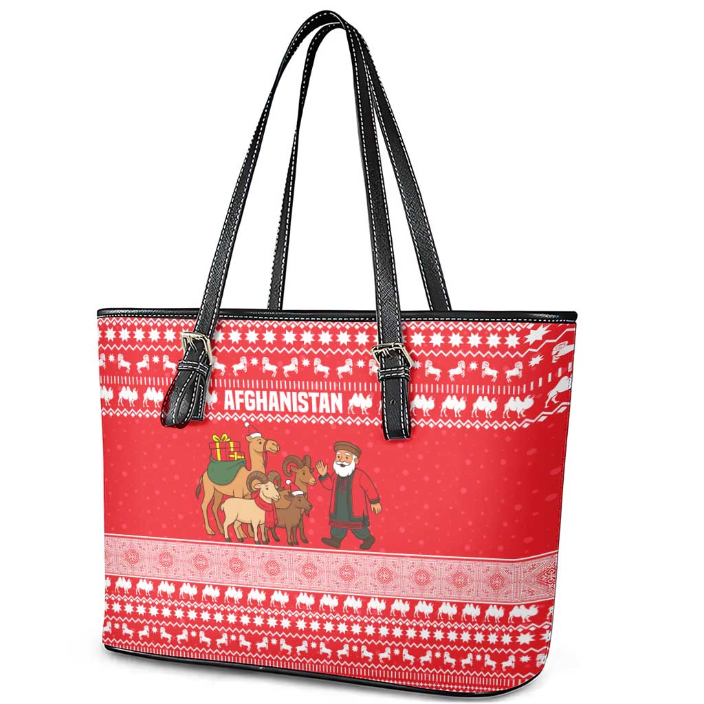Afghanistan Christmas Leather Tote Bag with Santa Camels Sheep Traditional Pattern and Festive Design - Wonder Print Shop
