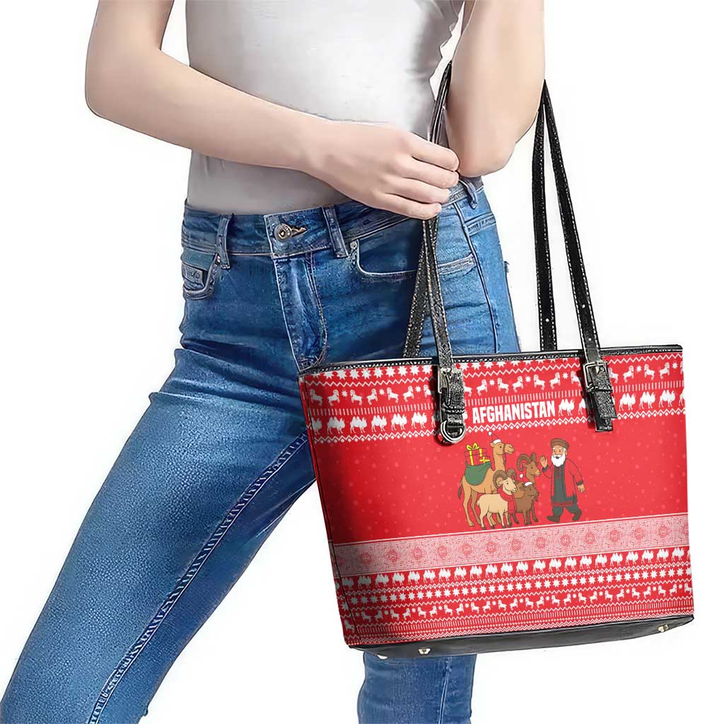 Afghanistan Christmas Leather Tote Bag with Santa Camels Sheep Traditional Pattern and Festive Design - Wonder Print Shop