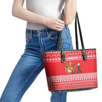 Afghanistan Christmas Leather Tote Bag with Santa Camels Sheep Traditional Pattern and Festive Design - Wonder Print Shop