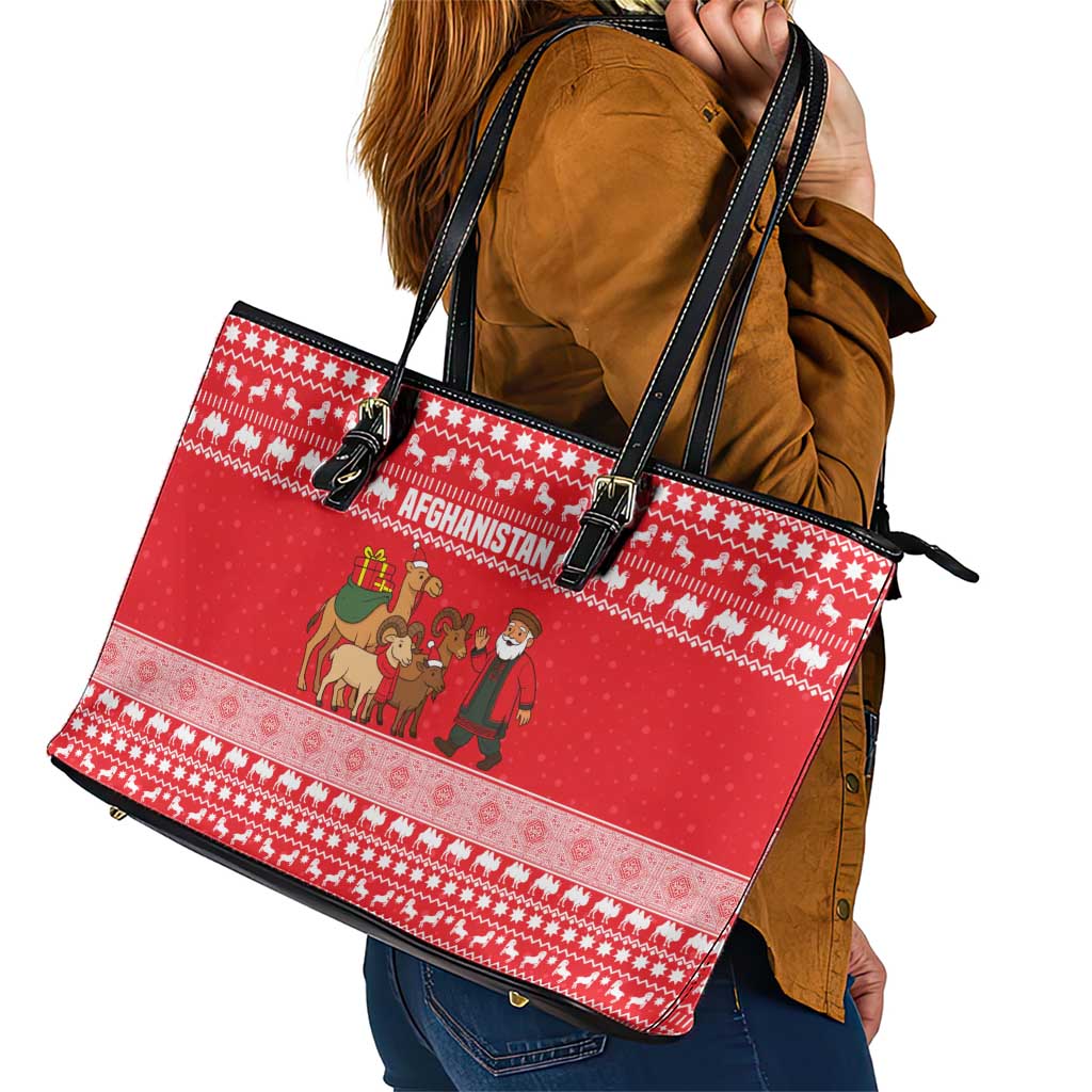 Afghanistan Christmas Leather Tote Bag with Santa Camels Sheep Traditional Pattern and Festive Design - Wonder Print Shop