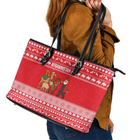 Afghanistan Christmas Leather Tote Bag with Santa Camels Sheep Traditional Pattern and Festive Design - Wonder Print Shop