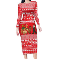 Afghanistan Christmas Long Sleeve Bodycon Dress with Santa Camels Sheep Traditional Pattern and Festive Design - Wonder Print Shop