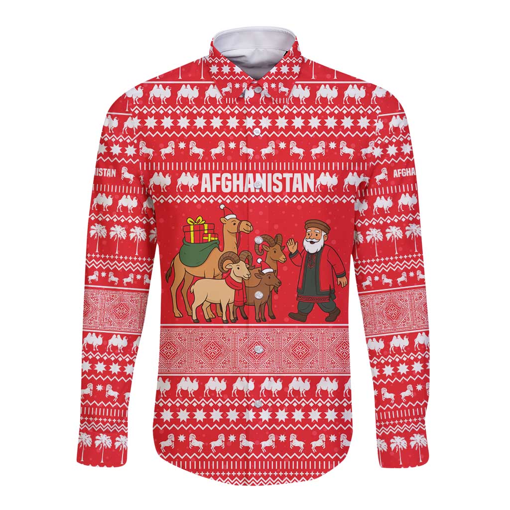 Afghanistan Christmas Long Sleeve Button Shirt with Santa Camels Sheep Traditional Pattern and Festive Design - Wonder Print Shop
