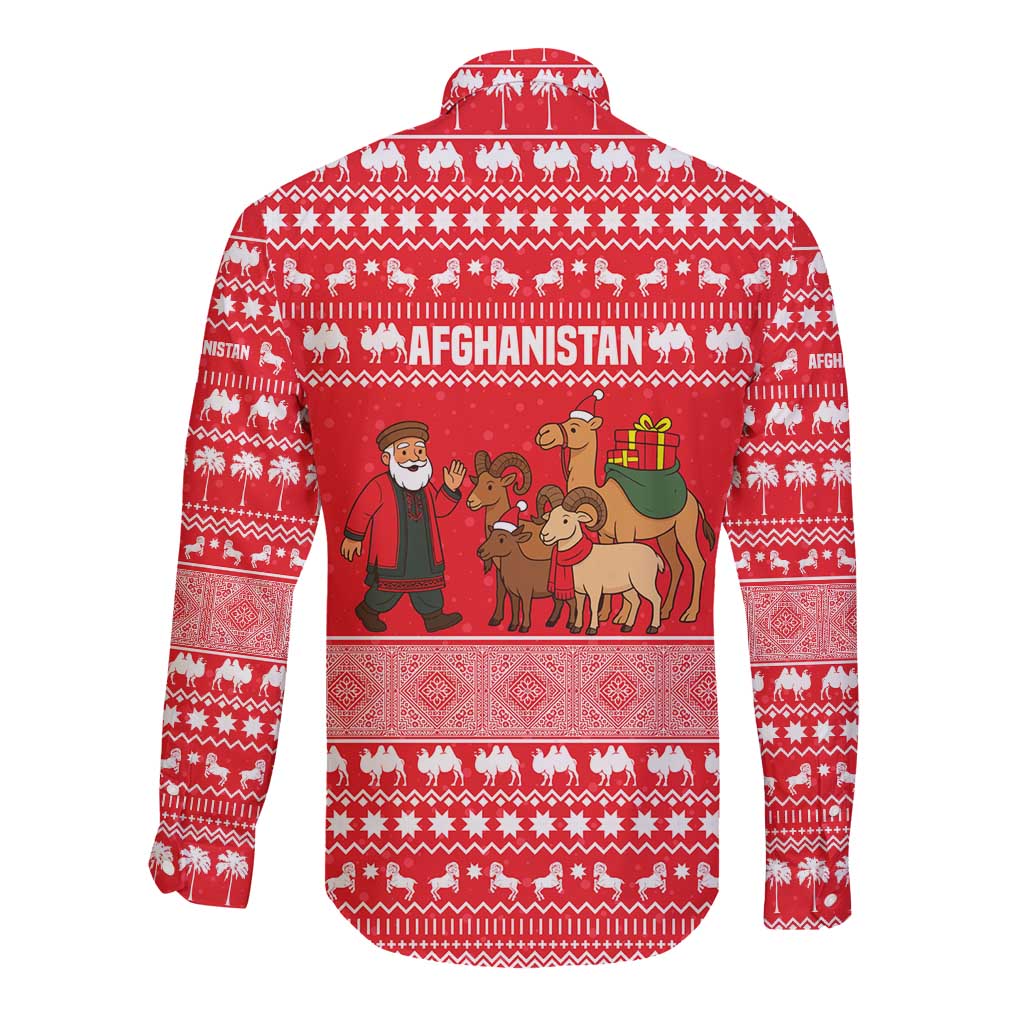 Afghanistan Christmas Long Sleeve Button Shirt with Santa Camels Sheep Traditional Pattern and Festive Design - Wonder Print Shop
